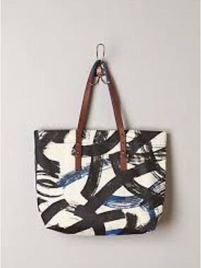 Miss Albright Painterly Black & White Canvas Tote with Brown Handles